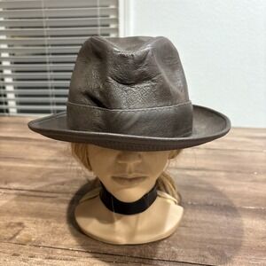 Vtg PENNEY'S Towncraft Genuine Brown Leather Fedora Mens Hat Size S‎ Union Made
